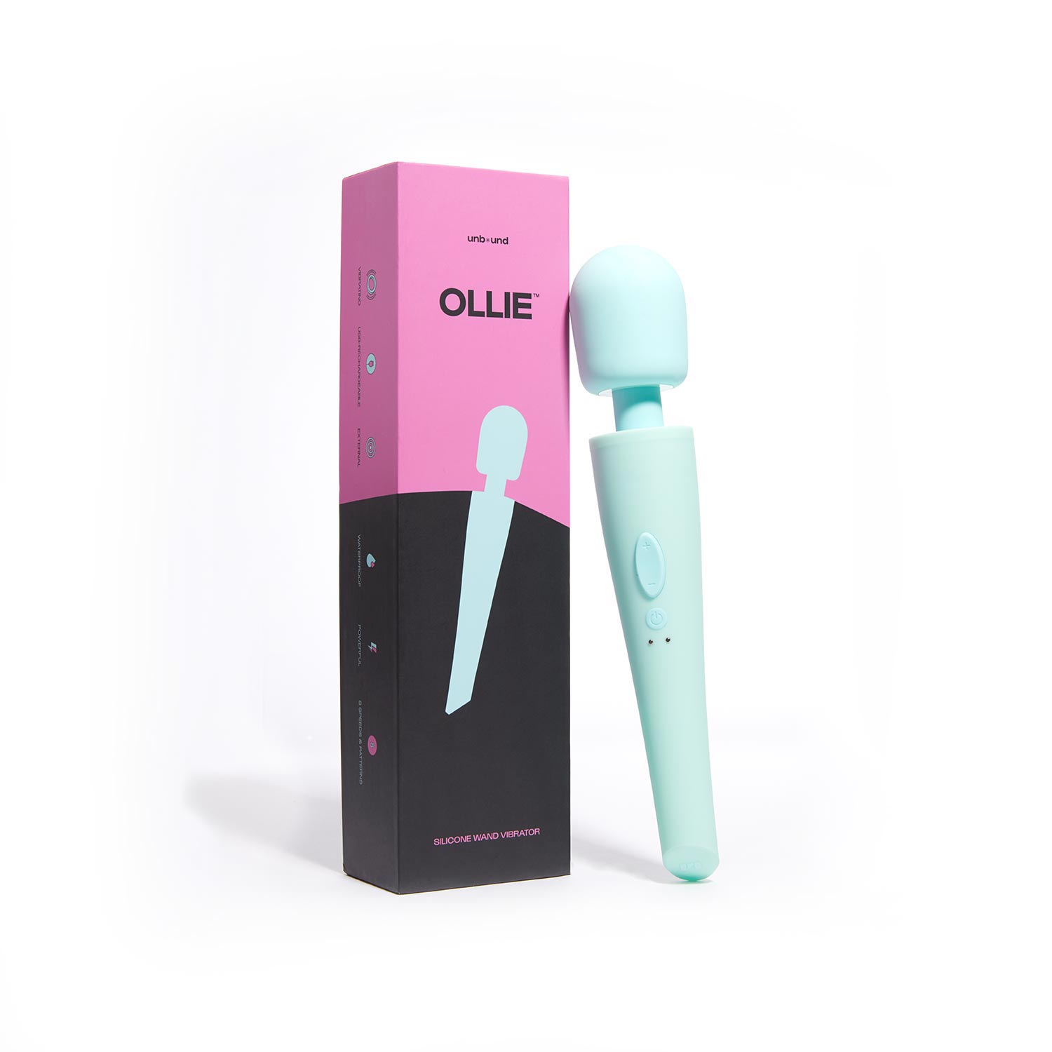 Ollie wand vibrator beside its retail packaging