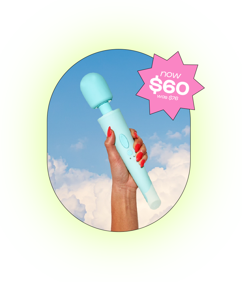 Hand holding the aqua Ollie wand vibrator against a blue sky, now $60 was $76